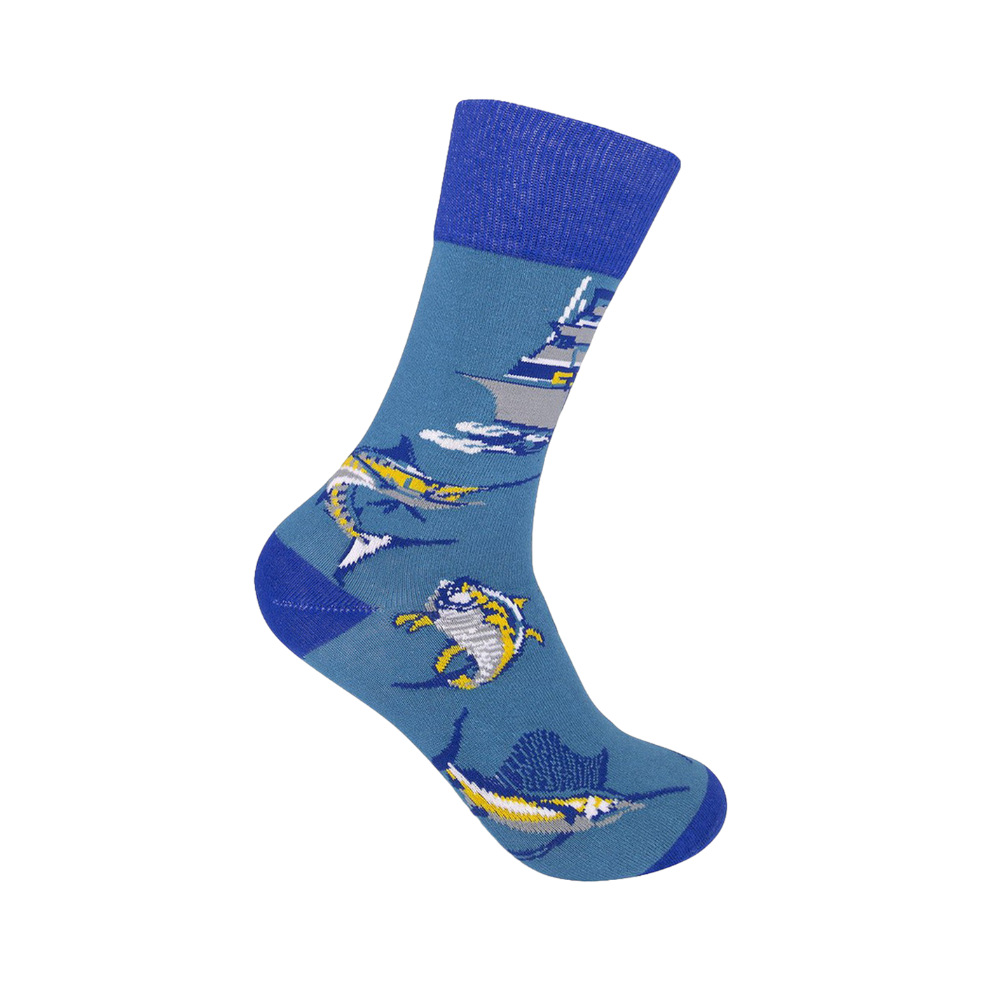 Crew socks in teal blue, featuring colorful marlin, a yacht, and ocean waves.  A fun, illustrated design for fishing enthusiasts.