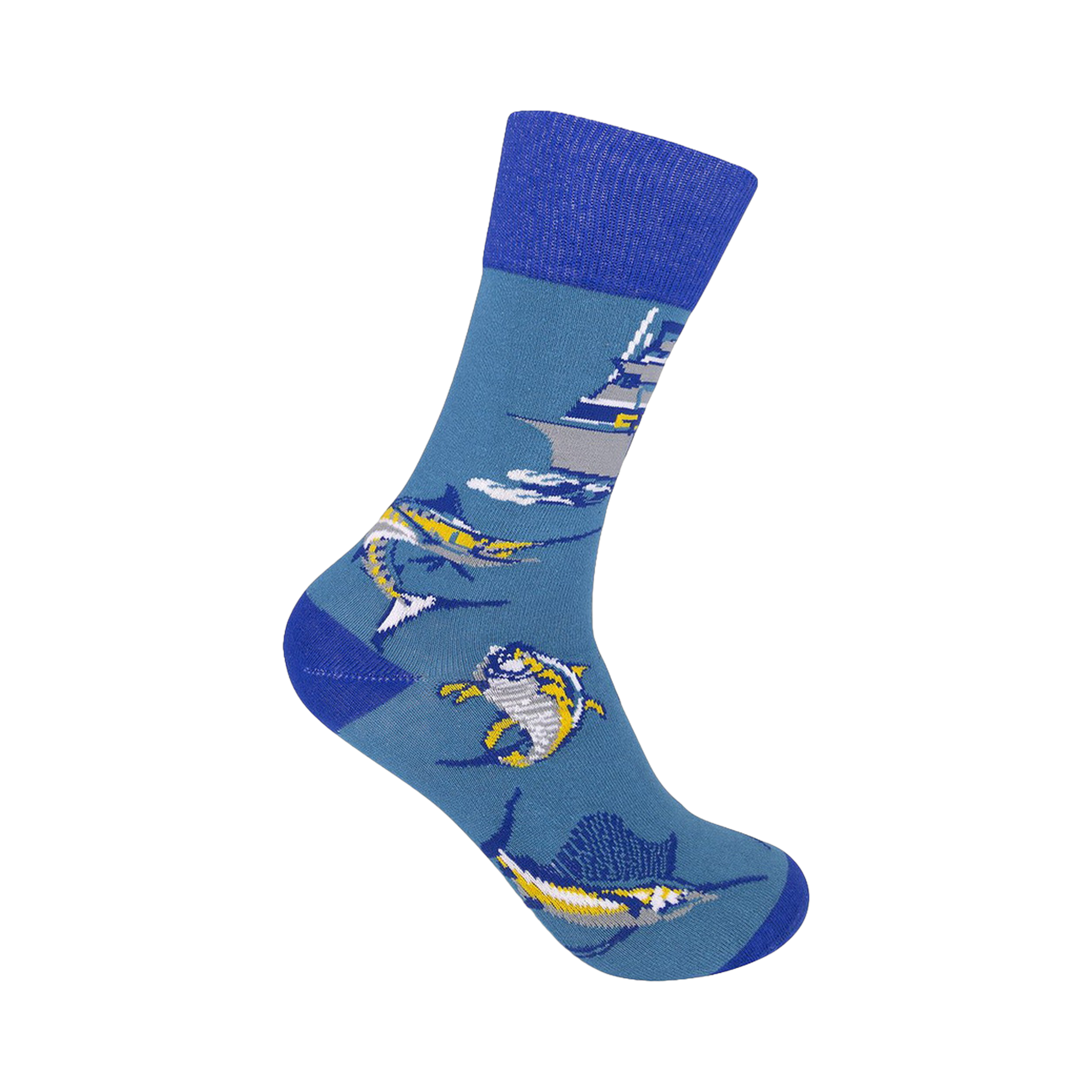Crew socks in teal blue, featuring colorful marlin, a yacht, and ocean waves.  A fun, illustrated design for fishing enthusiasts.