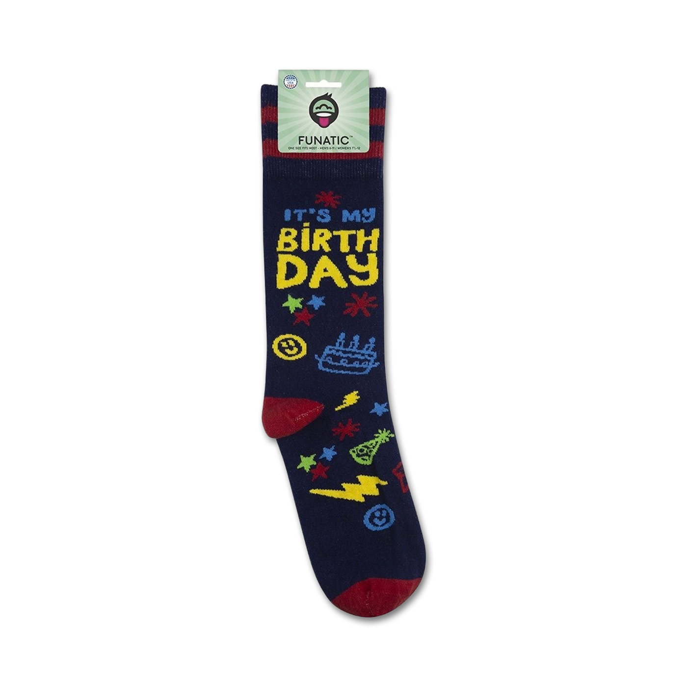 Packaging shot of 'It's My Birthday' socks showing the full sock design and Funatic branding.