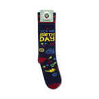 Packaging shot of 'It's My Birthday' socks showing the full sock design and Funatic branding.