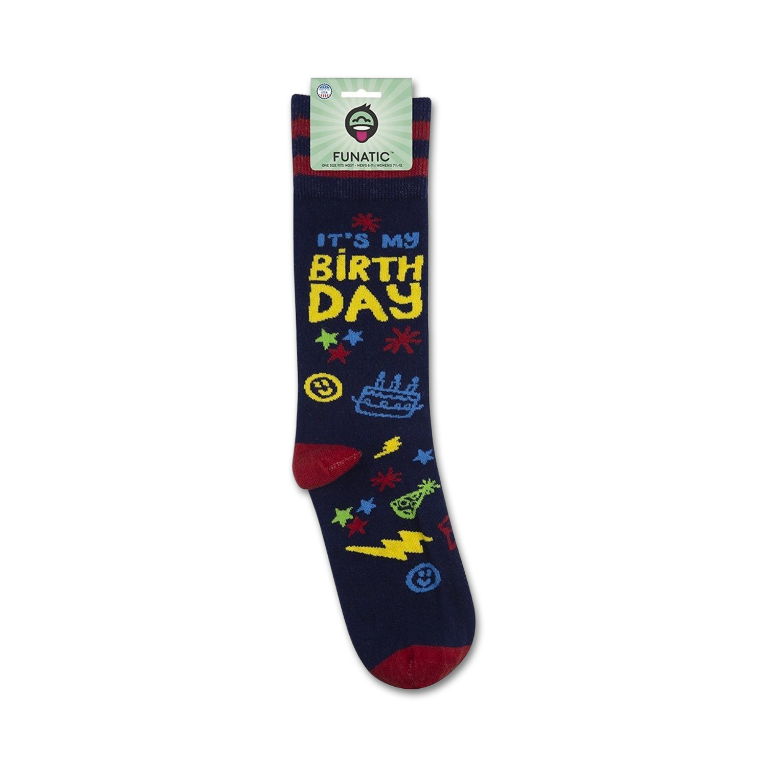 Packaging shot of 'It's My Birthday' socks showing the full sock design and Funatic branding.