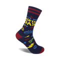 A navy blue crew sock with a colorful 'It's My Birthday' design.  Features yellow lettering, stars, lightning bolts, and cake graphics.