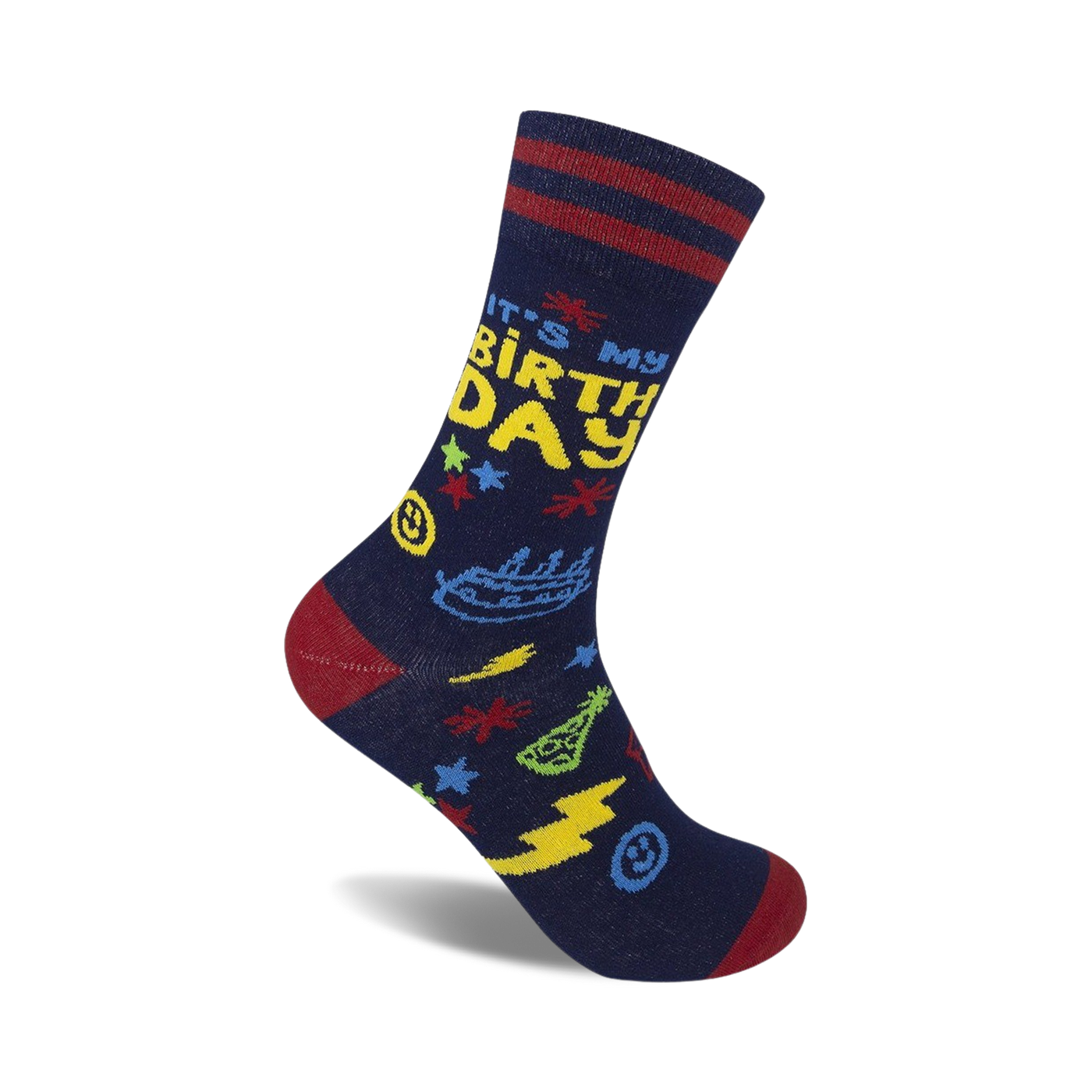 A navy blue crew sock with a colorful 'It's My Birthday' design.  Features yellow lettering, stars, lightning bolts, and cake graphics.