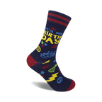 A navy blue crew sock with a colorful 'It's My Birthday' design.  Features yellow lettering, stars, lightning bolts, and cake graphics.