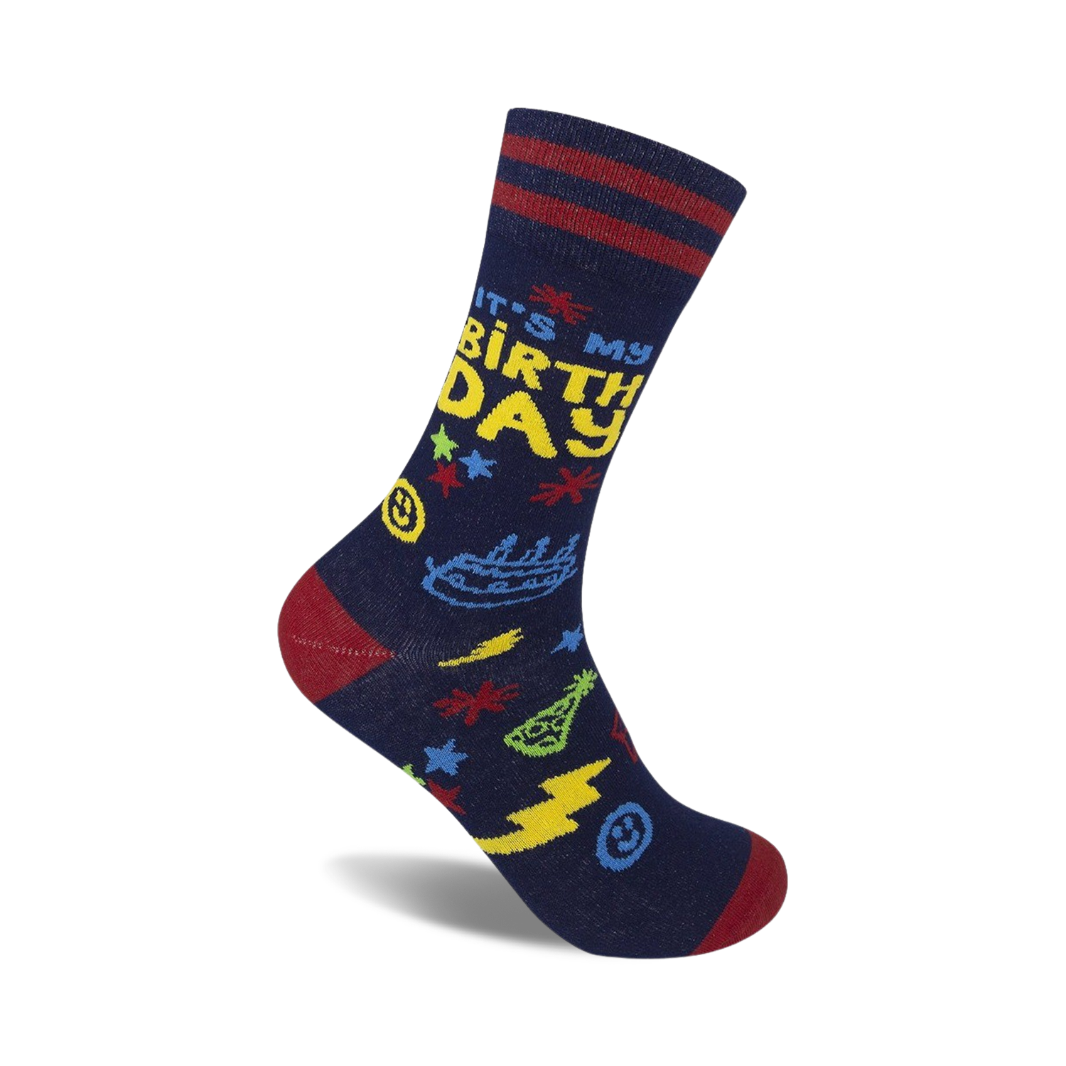 A navy blue crew sock with a colorful 'It's My Birthday' design.  Features yellow lettering, stars, lightning bolts, and cake graphics.