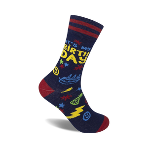 blue crew socks with red and white stripes at the top featuring 