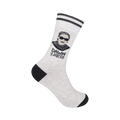 Grey crew socks with a black and white portrait of Ruth Bader Ginsburg, sunglasses, and the phrase 'Dawn of Justice'.