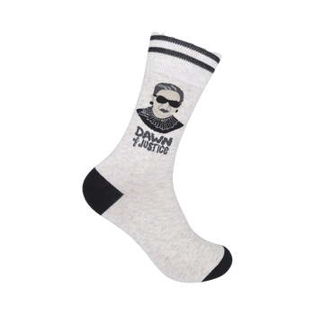 Grey crew socks with a black and white portrait of Ruth Bader Ginsburg, sunglasses, and the phrase 'Dawn of Justice'.
