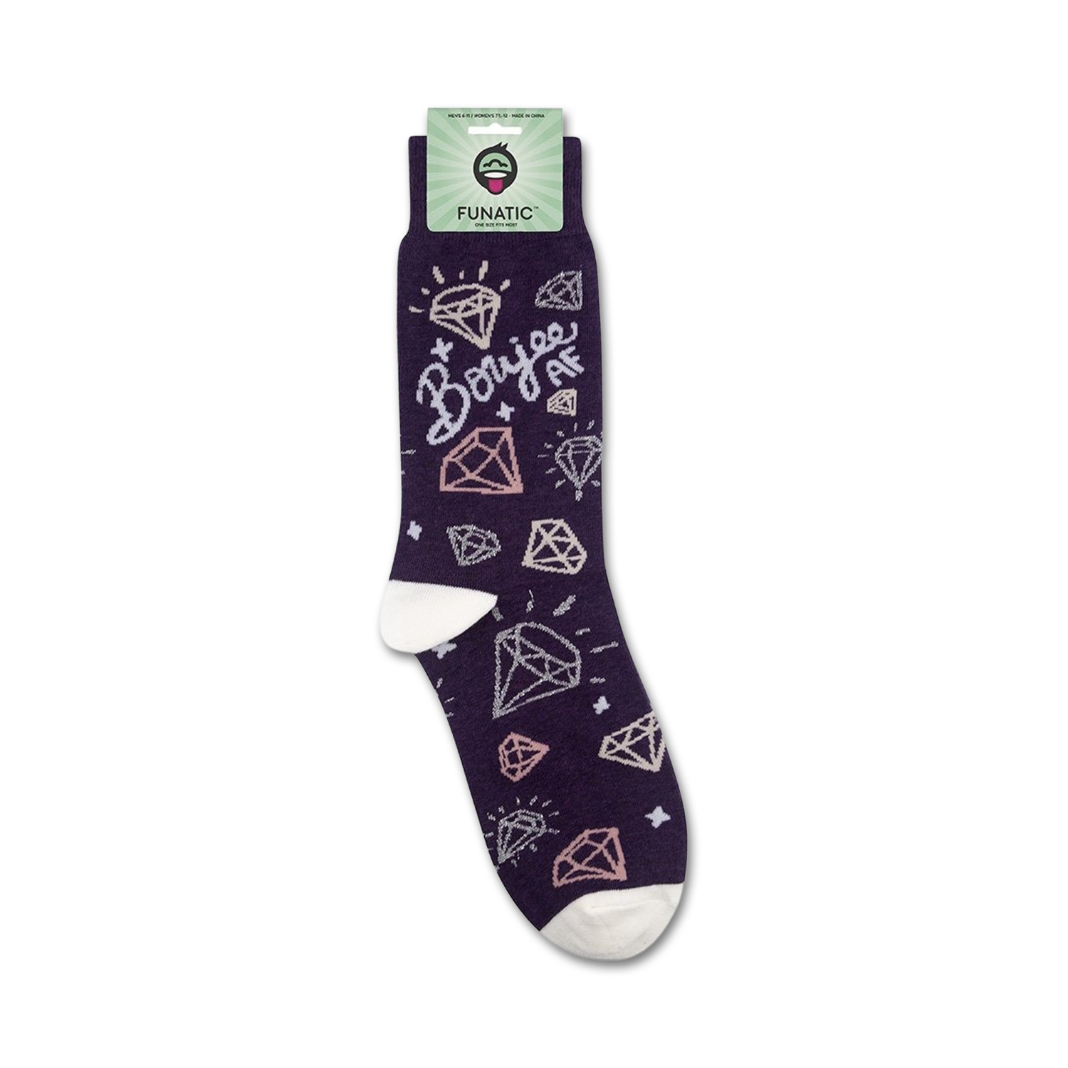 Product shot of 'Boujee AF' socks on their packaging. Shows full sock design.