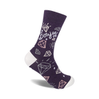 Purple crew socks with a white cuff, adorned with pink and white sparkly diamond illustrations and the text 'Boujee AF'.