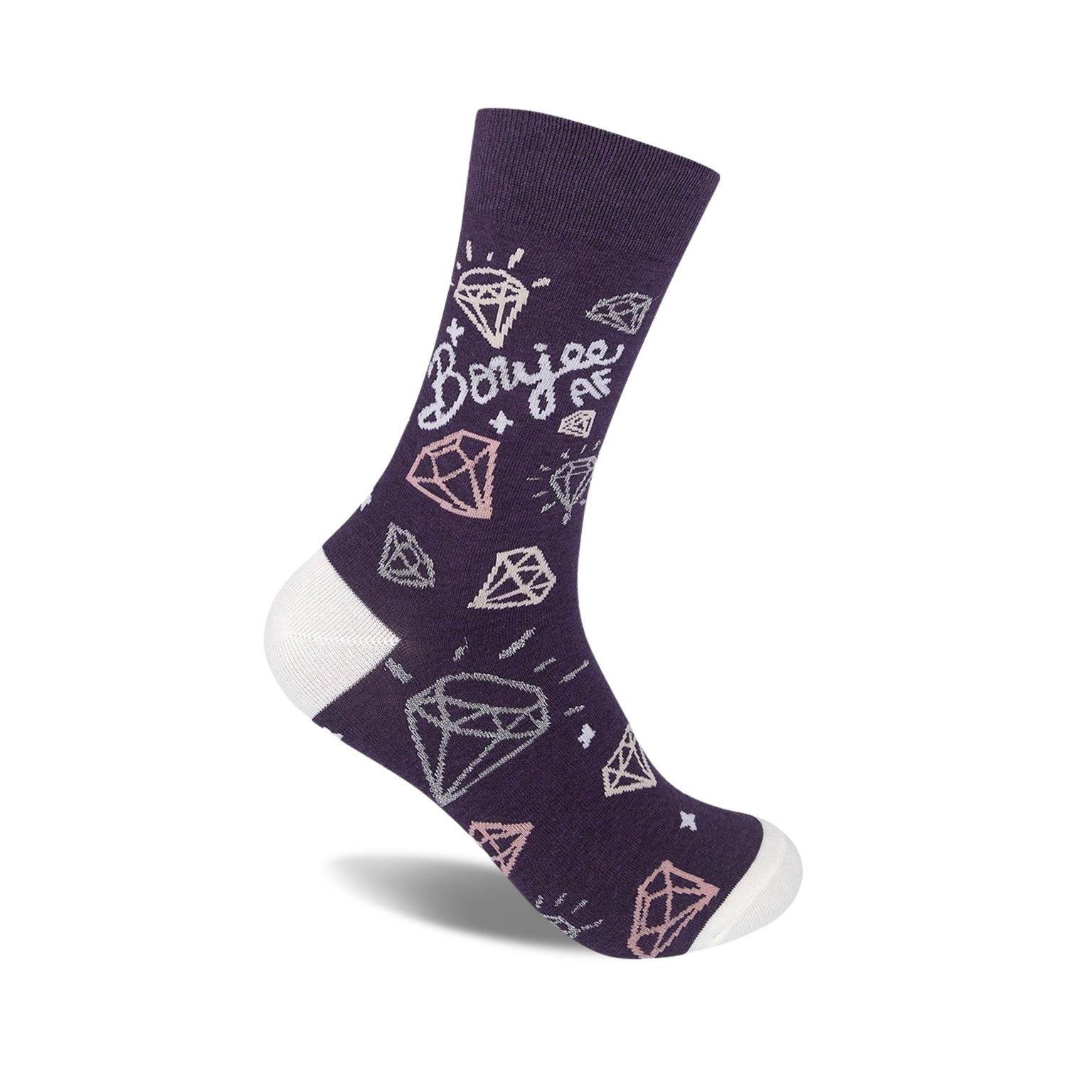Purple crew socks with a white cuff, adorned with pink and white sparkly diamond illustrations and the text 'Boujee AF'.