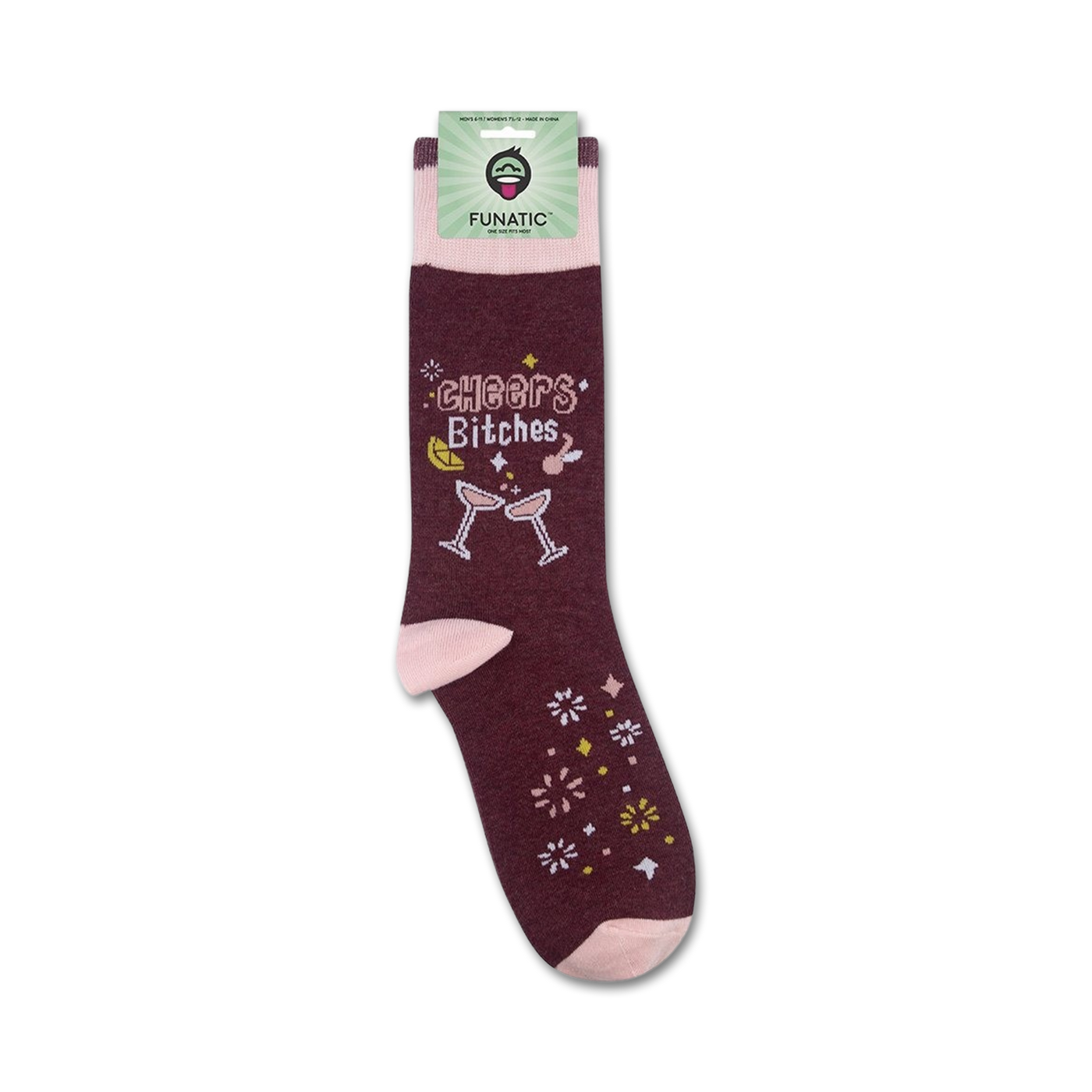 Product shot of 'Cheers Bitches' socks on a white background, showing the packaging.