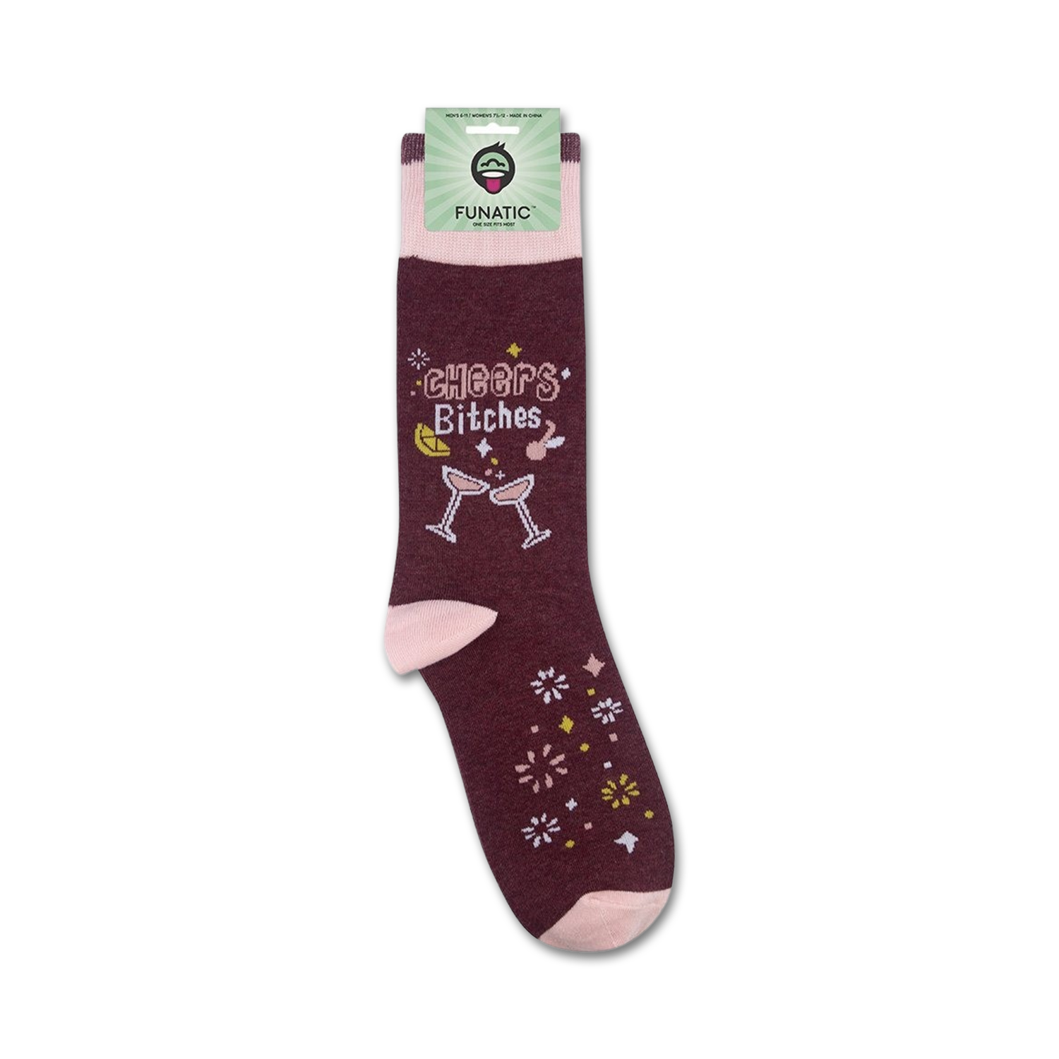 Product shot of 'Cheers Bitches' socks on a white background, showing the packaging.