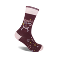 A maroon crew sock with the phrase 'Cheers Bitches', champagne glasses, and celebratory graphics. Pink and gold accents on a soft, comfortable sock.