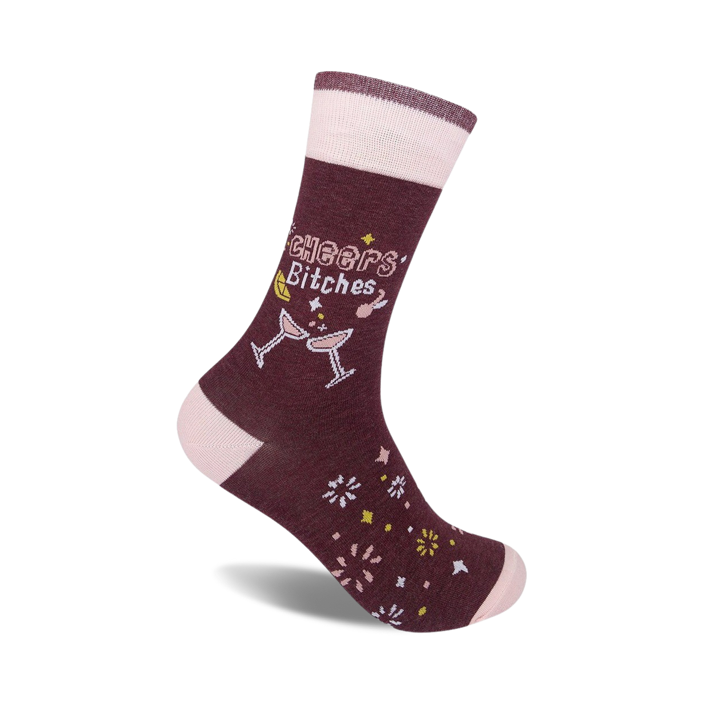 A maroon crew sock with the phrase 'Cheers Bitches', champagne glasses, and celebratory graphics. Pink and gold accents on a soft, comfortable sock.