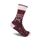 A maroon crew sock with the phrase 'Cheers Bitches', champagne glasses, and celebratory graphics. Pink and gold accents on a soft, comfortable sock.