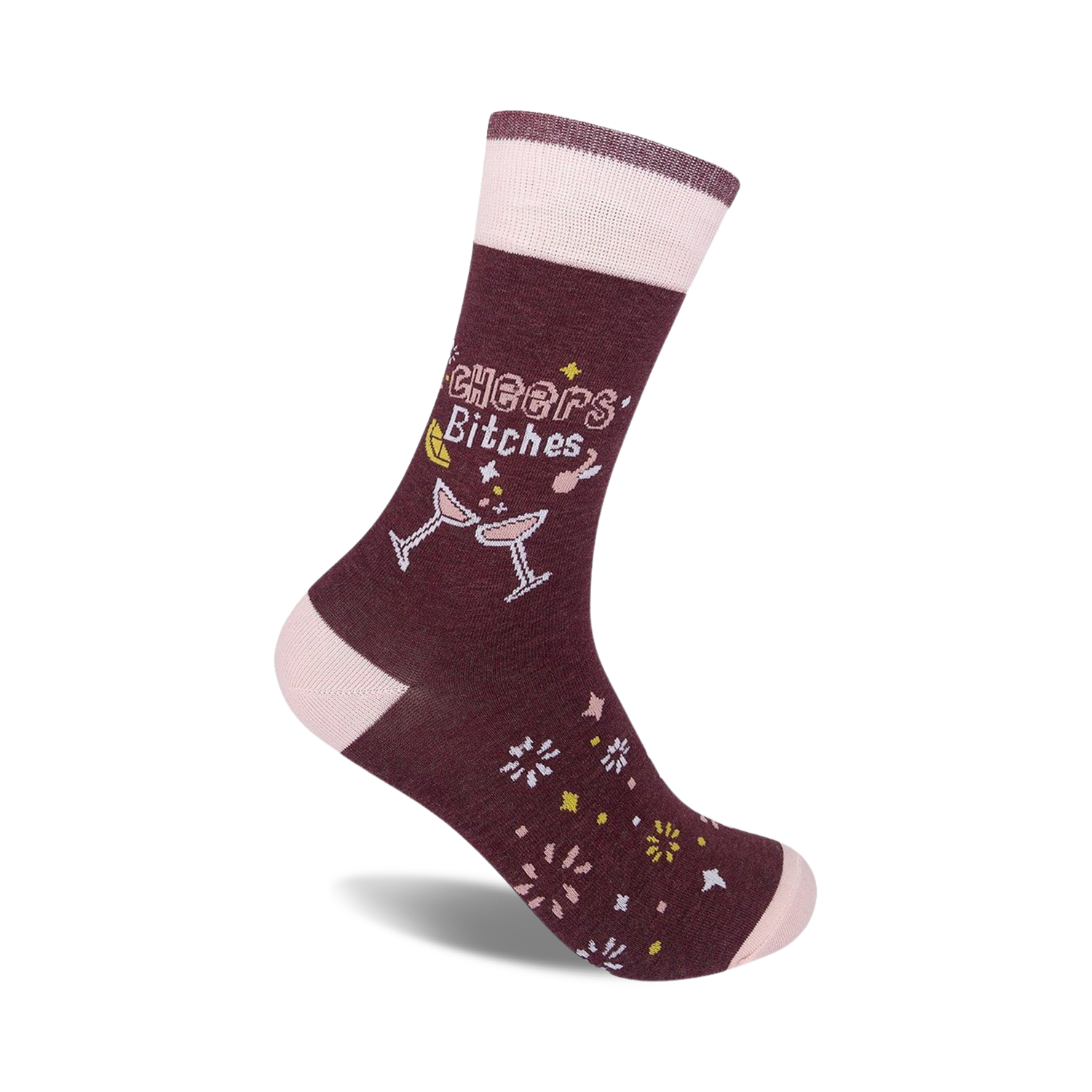 A maroon crew sock with the phrase 'Cheers Bitches', champagne glasses, and celebratory graphics. Pink and gold accents on a soft, comfortable sock.