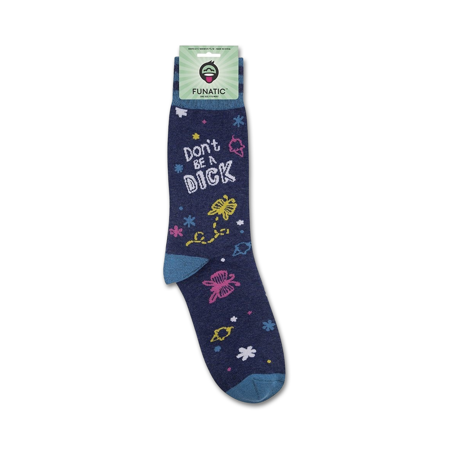 Lifestyle product shot of 'Don't Be A Dick' socks on a person's foot. The socks are folded over at the top.