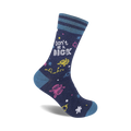 A navy blue crew sock with 'Don't Be A Dick' in white text and colorful whimsical designs including flowers and stars.
