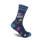 A navy blue crew sock with 'Don't Be A Dick' in white text and colorful whimsical designs including flowers and stars.