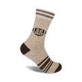 Tan crew socks with brown stripes and a brown football graphic that says 'Go Deep!'