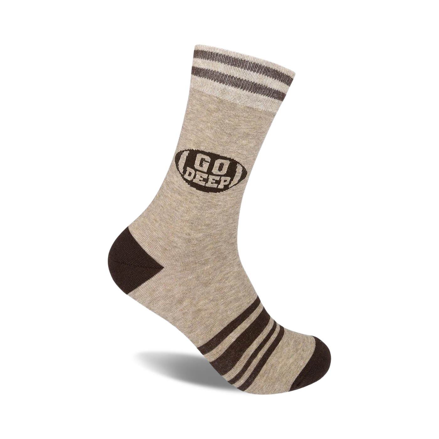 Tan crew socks with brown stripes and a brown football graphic that says 'Go Deep!'