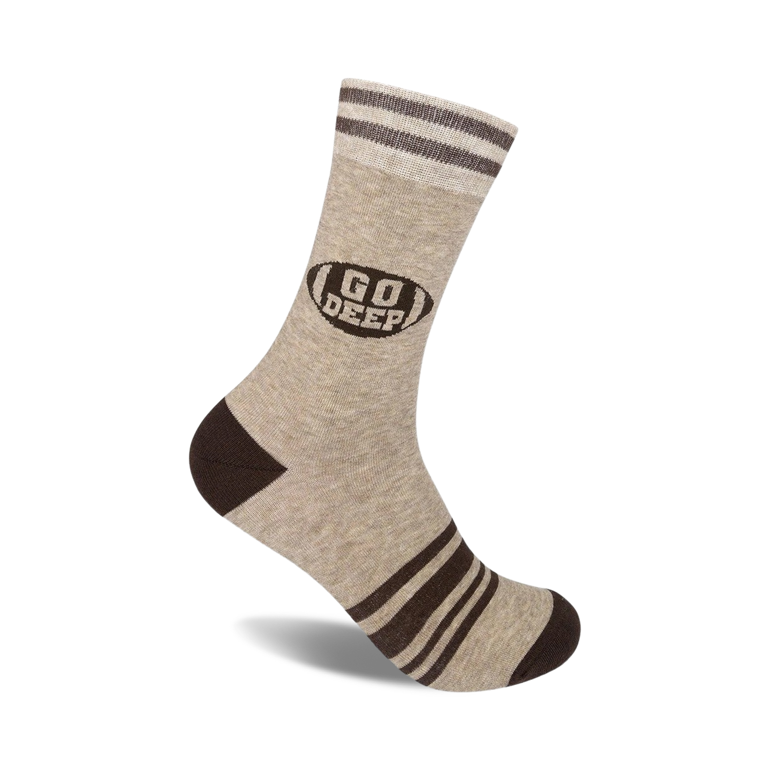 Tan crew socks with brown stripes and a brown football graphic that says 'Go Deep!'