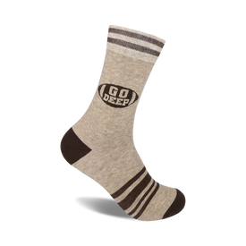 cotton-blend crew socks, brown with dark brown stripes, "go deep!" in oval on front.   