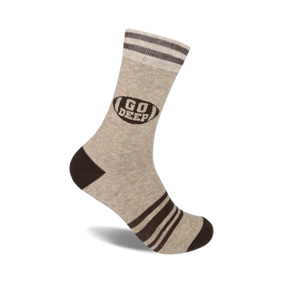 cotton-blend crew socks, brown with dark brown stripes, "go deep!" in oval on front.   