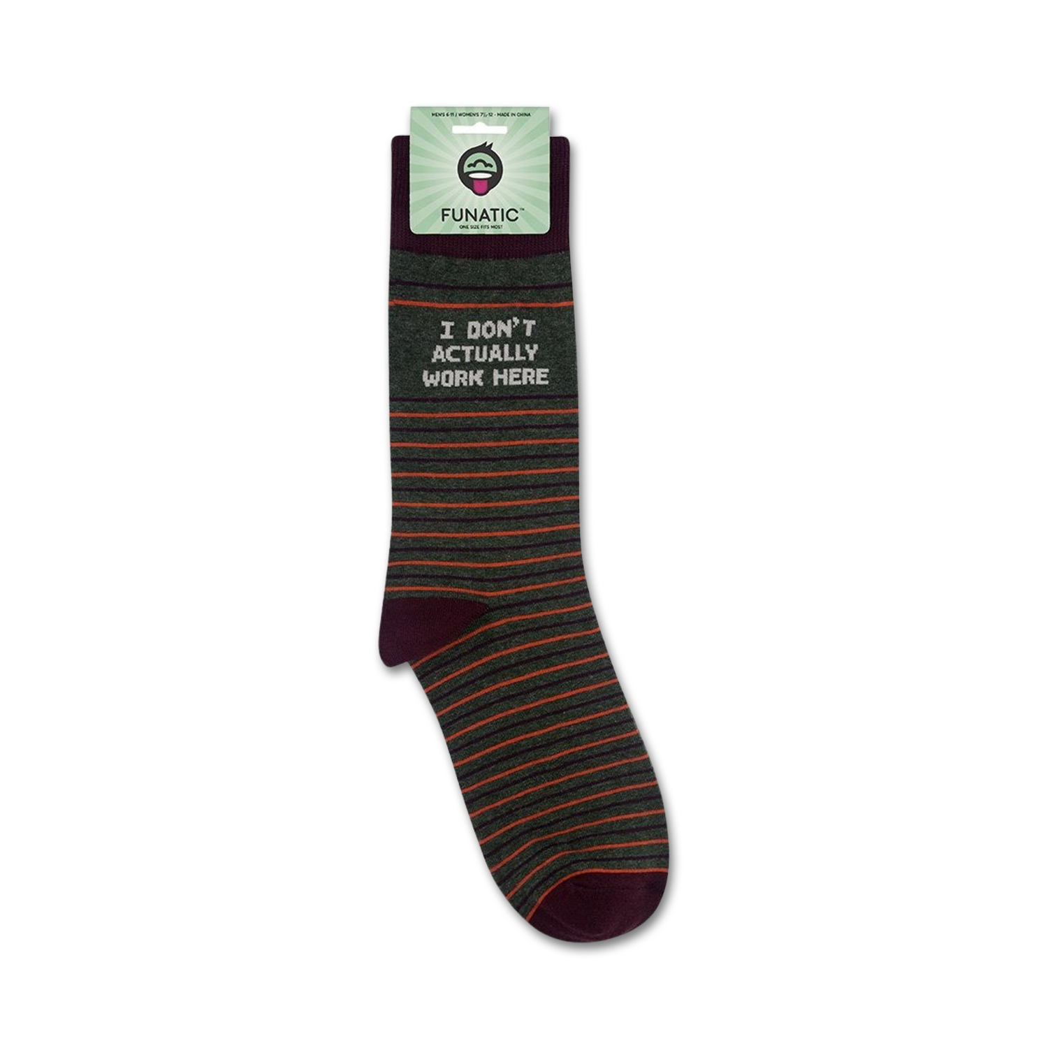 Packaging shot of the 'I Don't Actually Work Here' socks. Shows the socks on their card.