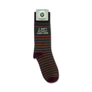 A pair of gray and brown striped socks with the text 