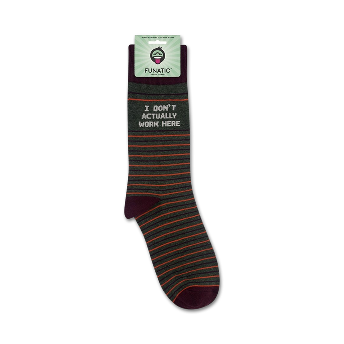 A pair of gray and brown striped socks with the text 