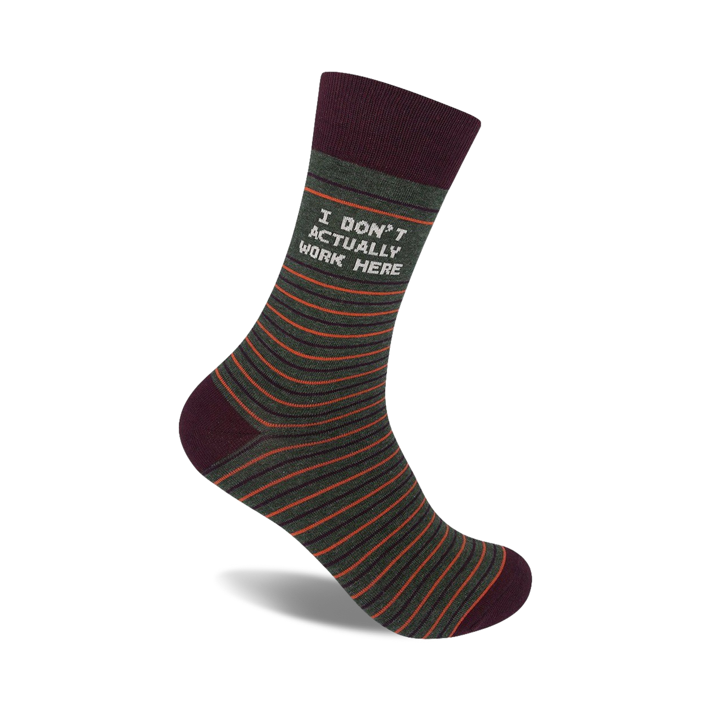Crew socks in olive green with thin orange stripes and a maroon cuff. The text 'I DON'T ACTUALLY WORK HERE' is printed on the sock.