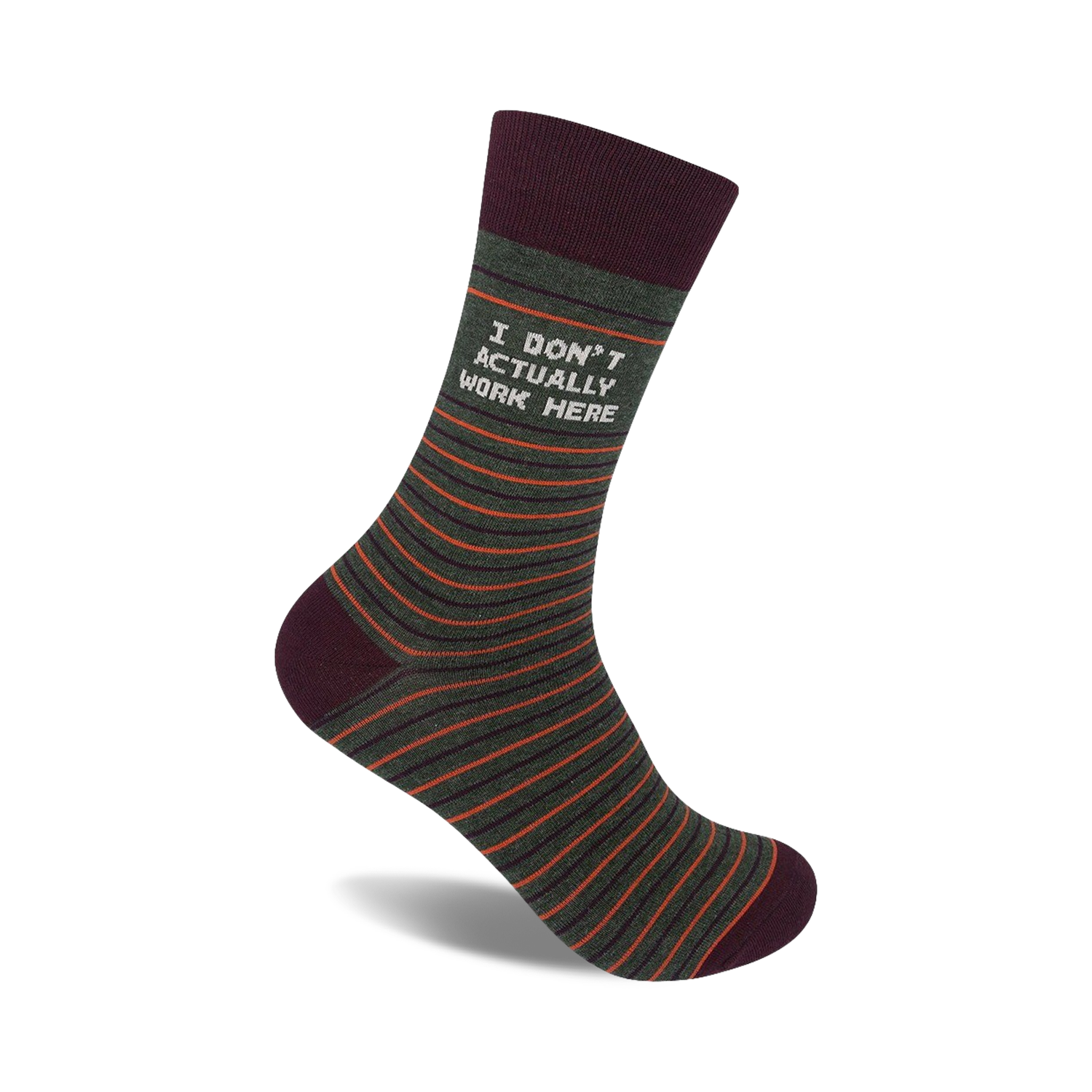 Crew socks in olive green with thin orange stripes and a maroon cuff. The text 'I DON'T ACTUALLY WORK HERE' is printed on the sock.
