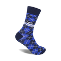 Blue and navy argyle crew socks with a white 'I Hate Mondays' banner. Fun, casual style.