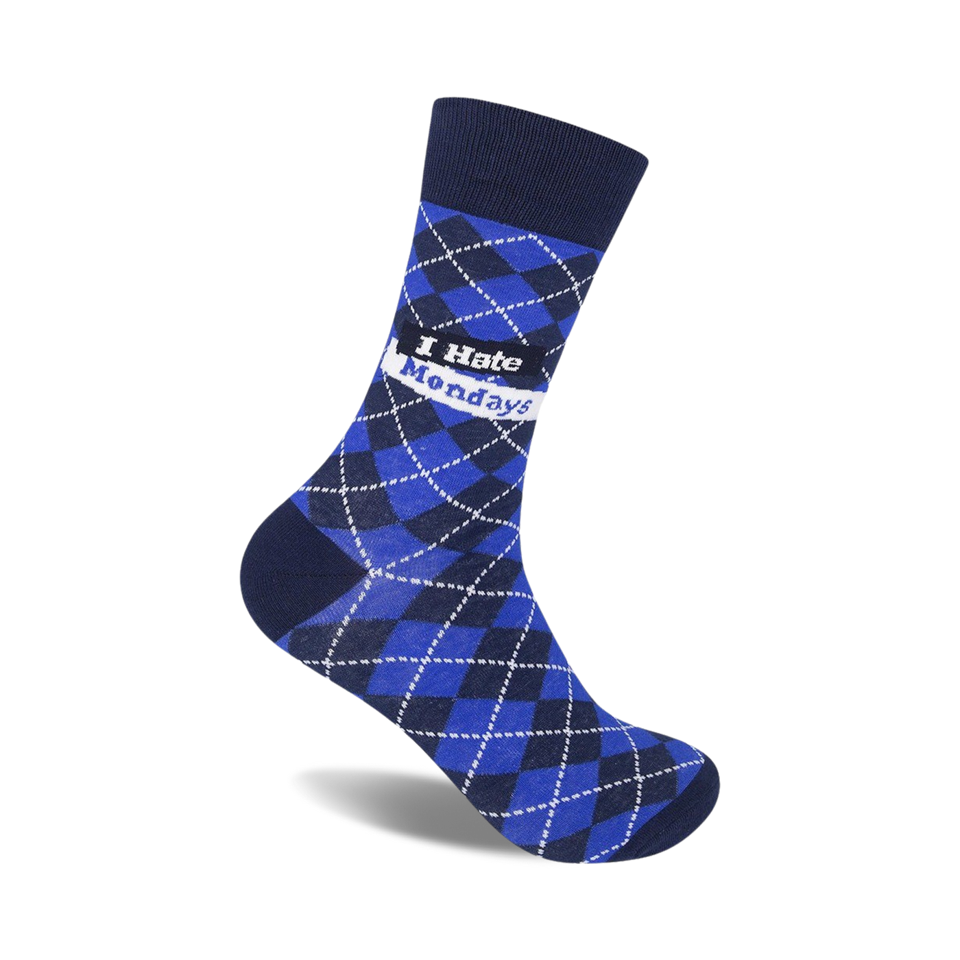 Blue and navy argyle crew socks with a white 'I Hate Mondays' banner. Fun, casual style.