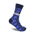 Blue and navy argyle crew socks with a white 'I Hate Mondays' banner. Fun, casual style.