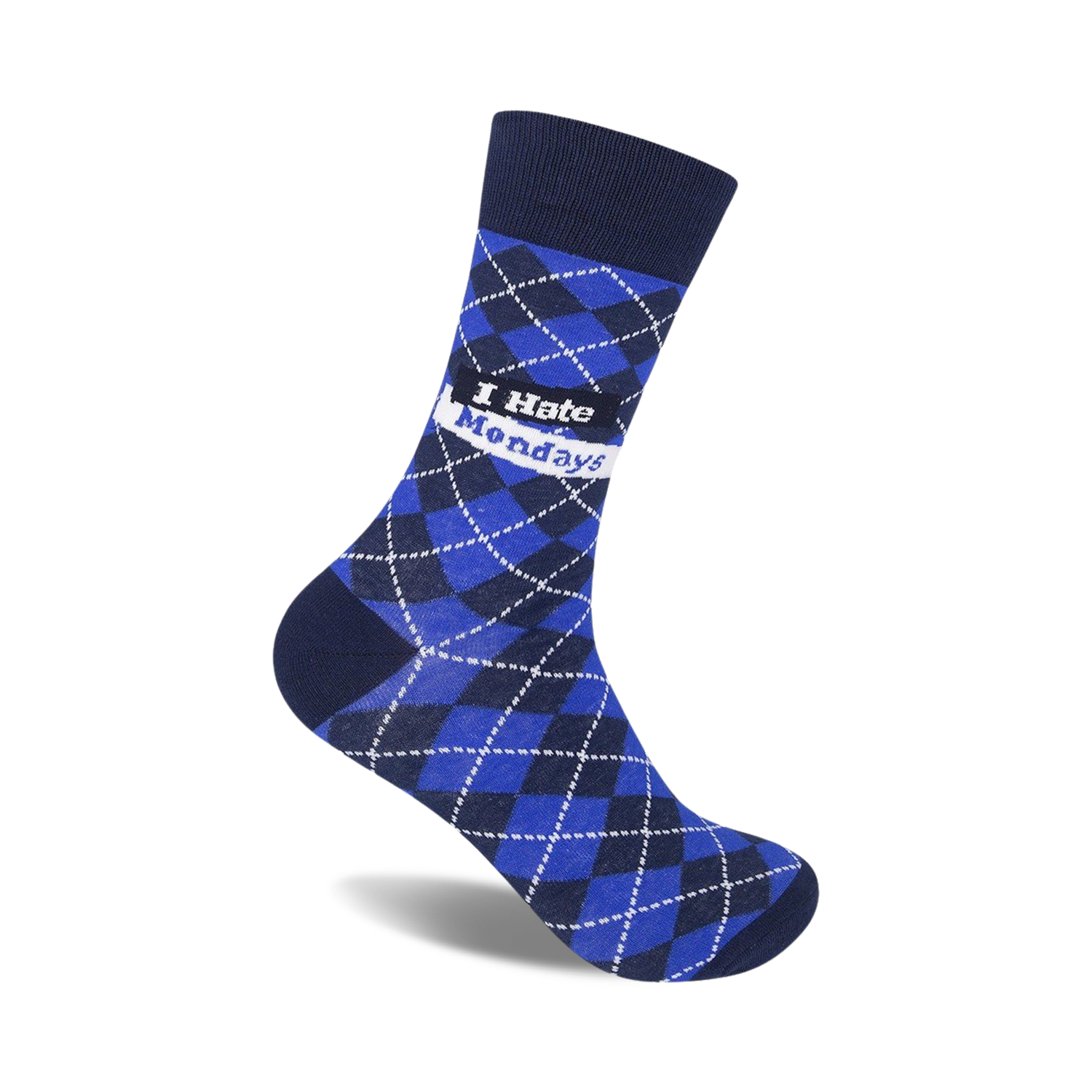 Blue and navy argyle crew socks with a white 'I Hate Mondays' banner. Fun, casual style.