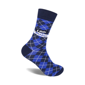 blue crew socks with argyle pattern and the words "i hate mondays" for men.  