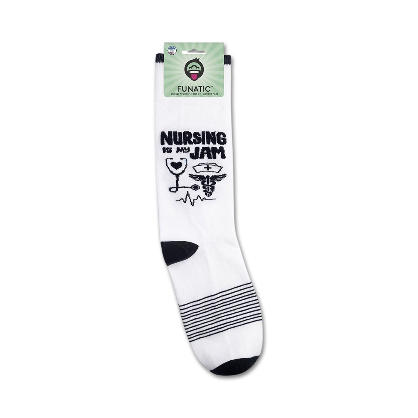 Product shot of 'Nursing Is My Jam' socks on their packaging.