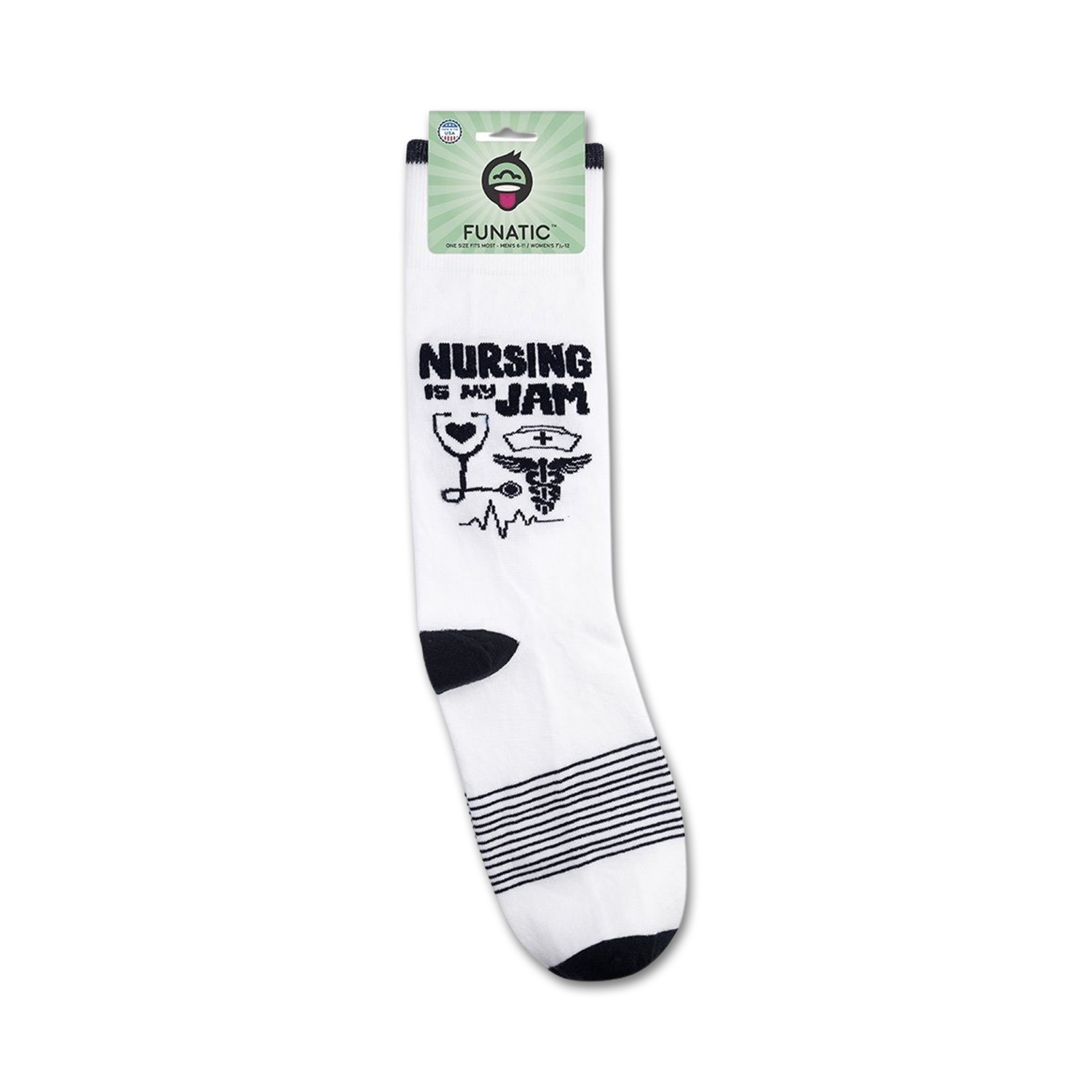 Product shot of 'Nursing Is My Jam' socks on their packaging.