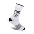 White crew socks with black stripes at the bottom and a design that says 'Nursing Is My Jam' with medical icons.