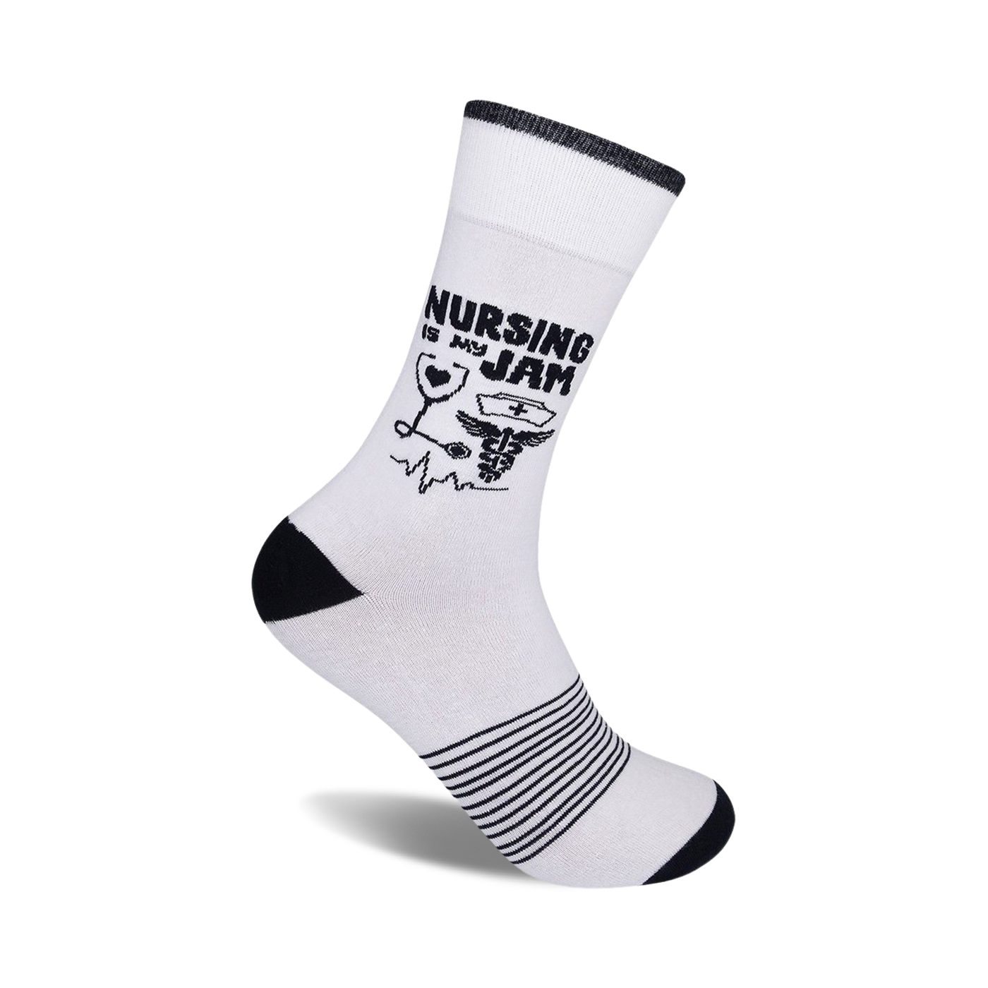 White crew socks with black stripes at the bottom and a design that says 'Nursing Is My Jam' with medical icons.