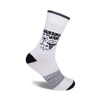 White crew socks with black stripes at the bottom and a design that says 'Nursing Is My Jam' with medical icons.