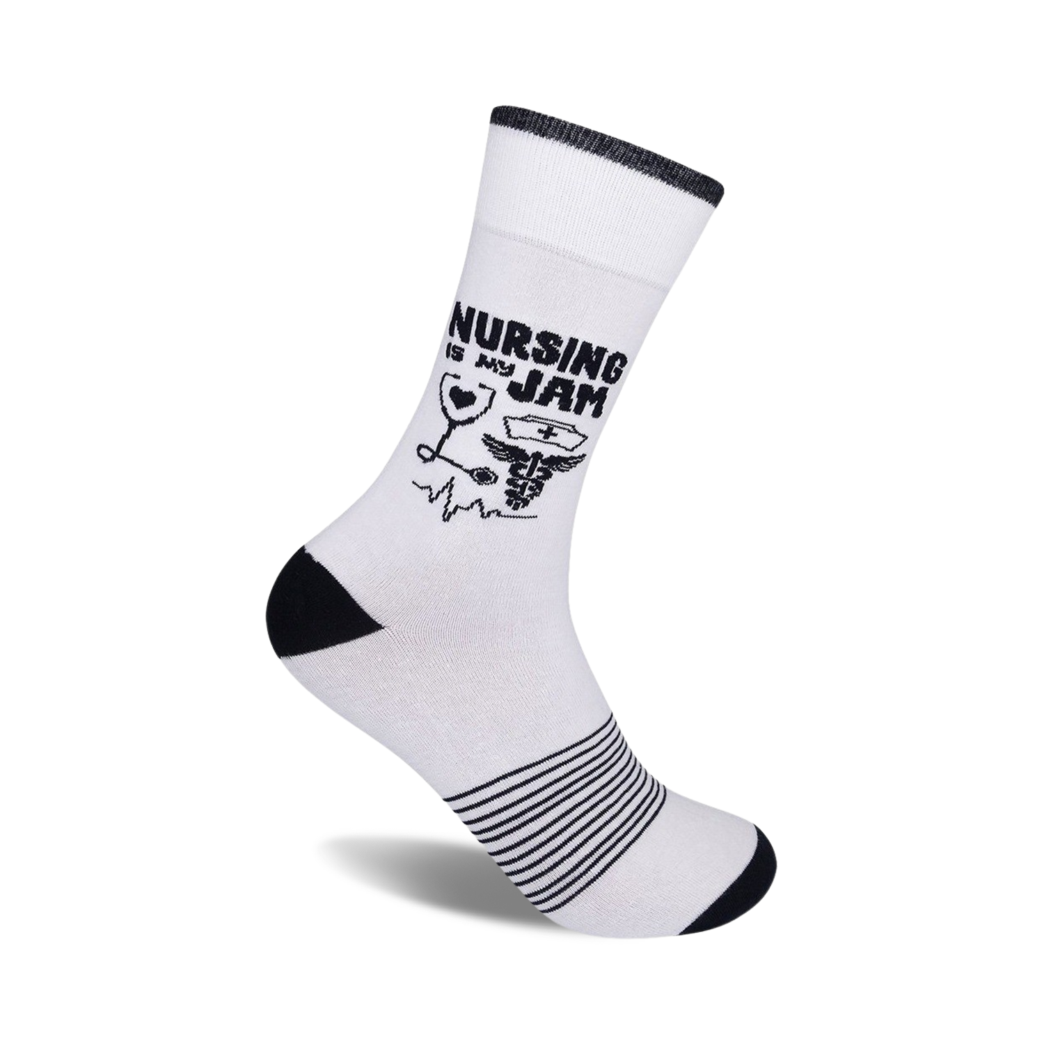White crew socks with black stripes at the bottom and a design that says 'Nursing Is My Jam' with medical icons.