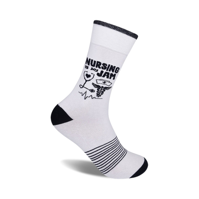 black text, caduceus, and heart crew socks in white. perfect gift for nurses on any occasion.   