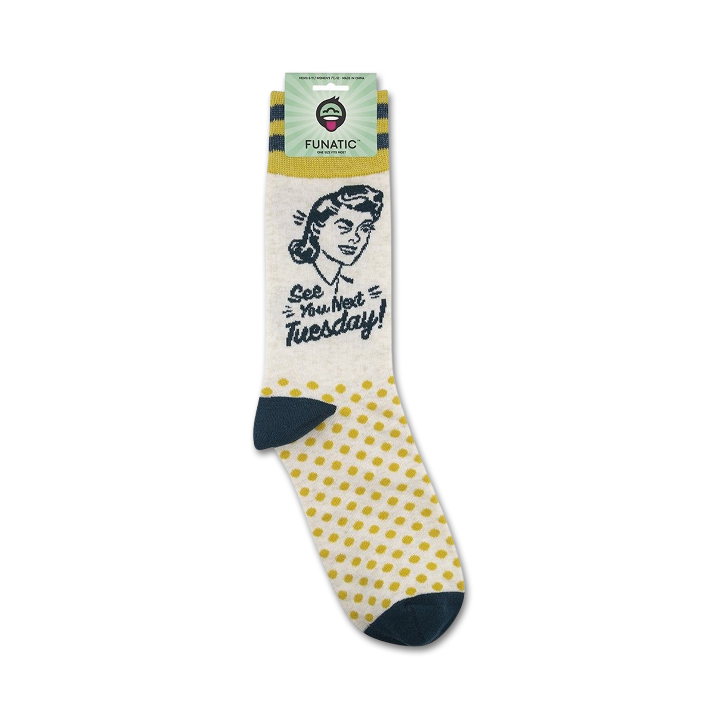 Product shot of 'See You Next Tuesday' socks on their retail packaging.