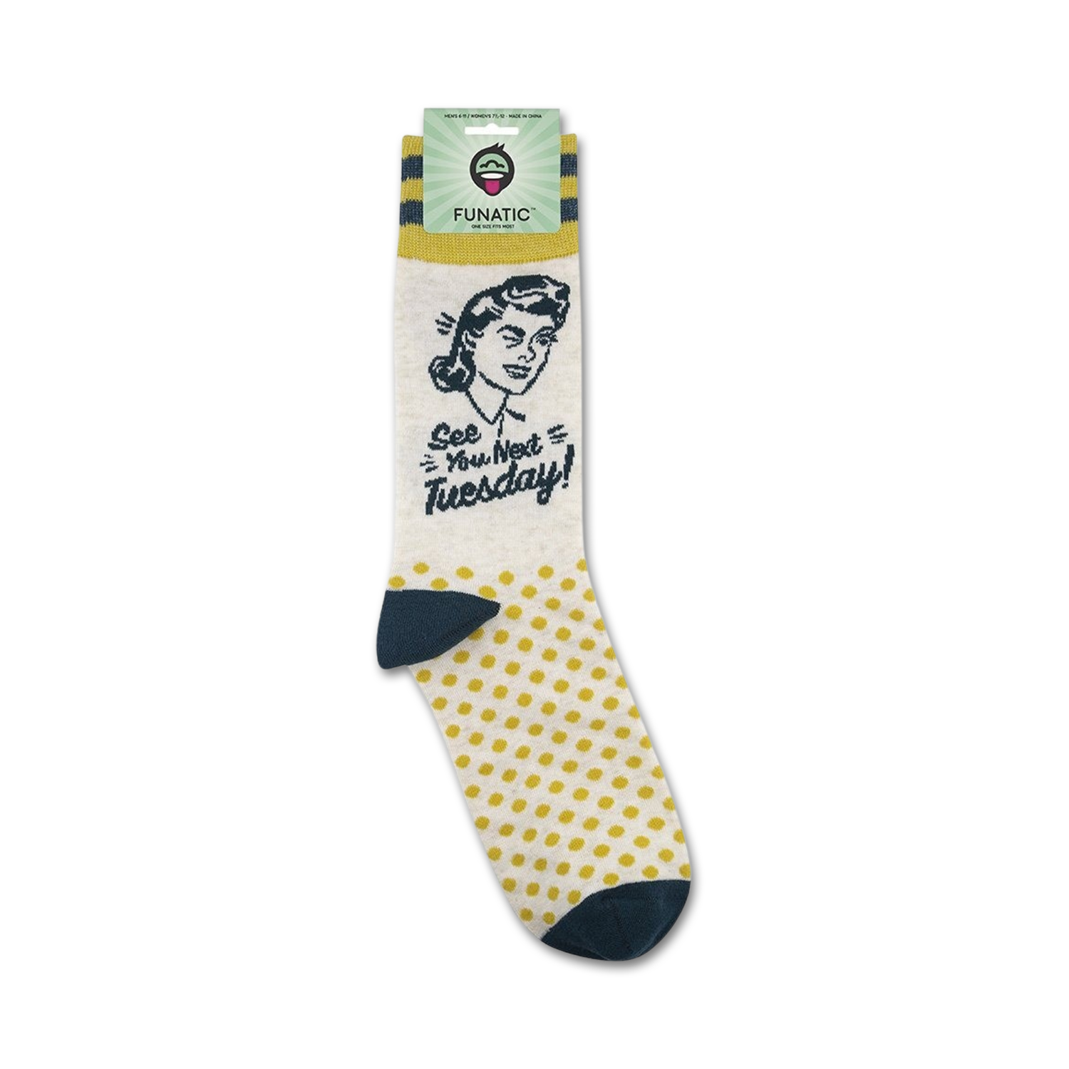 Product shot of 'See You Next Tuesday' socks on their retail packaging.