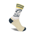 Cream crew socks with yellow polka dots, teal stripes, and a retro woman graphic with the text 'See You Next Tuesday!'