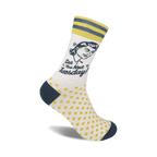 Cream crew socks with yellow polka dots, teal stripes, and a retro woman graphic with the text 'See You Next Tuesday!'